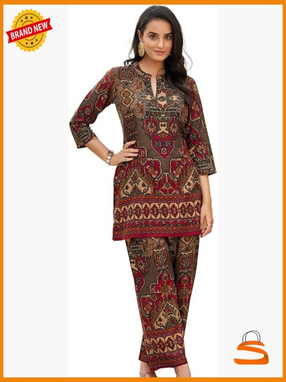 2pc Printed Rayon Tunic & Palazzo Pants Set Ethnic Co-Ord